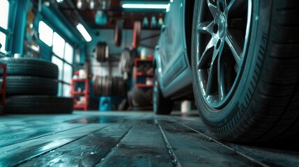 Poster - A mechanic works diligently on changing tires inside a clean, well-lit garage filled with tire racks and tools. Generative AI