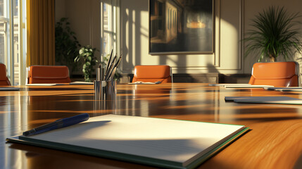 modern conference room with wooden table, pens, and notebooks