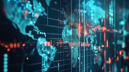 Poster - A glowing world map on a futuristic digital display with lines of data and numbers.