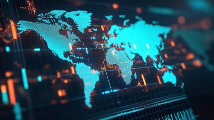 Poster - A close-up view of a digital world map displayed on a computer screen with glowing blue and orange data points.