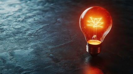 Poster - A single, glowing incandescent light bulb on a dark, textured surface. The bulb casts a warm, orange glow.