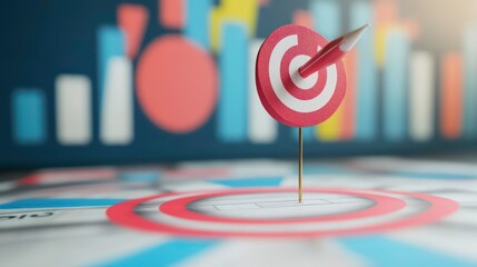 Poster - A red and white dartboard with a pencil in the bullseye, sitting on a desk with charts in the background.