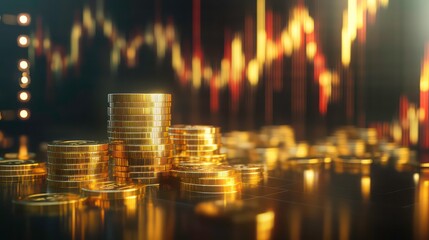 Aufkleber - Stacks of gold coins on a shiny surface, with a blurry background of a stock chart.