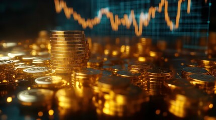 Aufkleber - A stack of gold coins stands out against a backdrop of scattered coins and a stock market chart, representing financial growth and wealth.