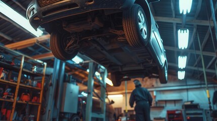 Aufkleber - The mechanic is focused on repairs under a car lifted by a hoist, surrounded by tools and equipment in a busy garage. Generative AI