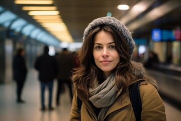 Portrait of a beautiful young woman in winter clothes at subway station