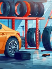 Poster - A mechanic is busy changing tires on a car in a bustling garage filled with various types of tires and tools. Generative AI