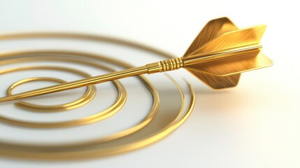 Poster - A golden arrow hitting the bullseye of a target on a white background, symbolizing success, achievement, and accuracy.