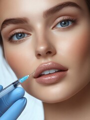Aufkleber - A woman with flawless skin prepares for a hyaluronic acid injection, focusing on lip enhancement and rejuvenation in a clinic. Generative AI
