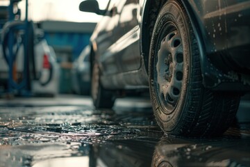 Poster - A vehicle gets its tires replaced at a service station in wet weather, highlighting the critical tire maintenance process. Generative AI