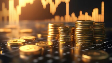Poster - Gold coins stacked on a chart with a blurred background of a financial graph.