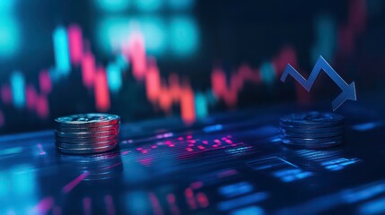 Poster - Two stacks of coins with an arrow pointing up on a blurred background of a stock market graph.