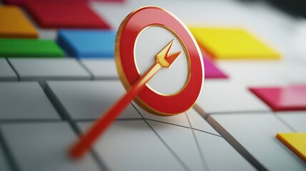 Poster - Red arrow hitting the center of a target on a grid of colorful squares.