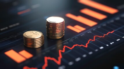 Poster - Two stacks of gold coins on a financial chart showing growth.