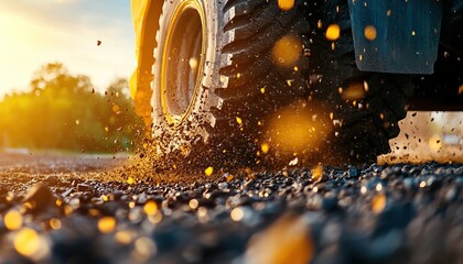 Close-up of a vehicle tire kicking up dust and dirt, illuminated by the golden glow of sunset.