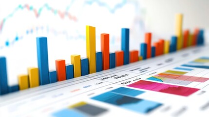 Aufkleber - Colorful bar graph chart on a financial report with a line graph in the background.