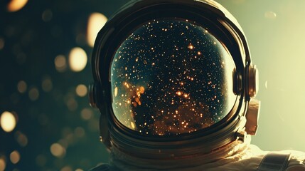 A close-up of an astronaut's helmet reflecting the stars and distant planets, highlighting the isolation and wonder of space travel.