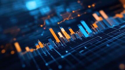 Fototapete - Abstract blue and orange data visualization with 3D bars, lines, and graphs representing data trends and patterns.