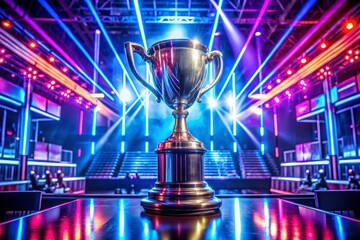 It is a beautiful eSports winner trophy standing on a stage in the center of the Computer Video Games Championship Arena It has two rows of PCs for competing teams and it is decorated with stylish