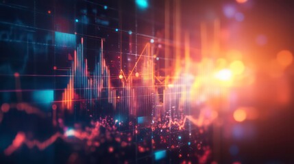 Fototapete - Abstract glowing lines and data visualizations on a black background, with a bright light source in the distance, representing digital technology, data analysis, and the future.