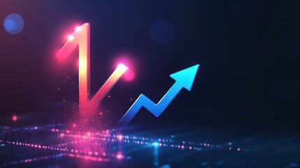 Aufkleber - Glowing red and blue arrow shapes rising up on a dark background with a shimmering effect.
