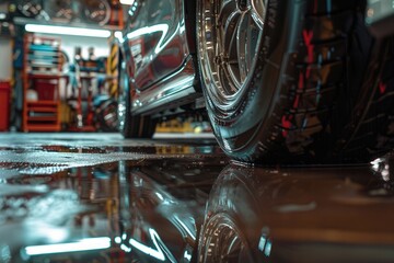 Poster - A mechanic is changing tires on a car in a busy auto shop, highlighting the tools and machinery used in the tire replacement process. Generative AI