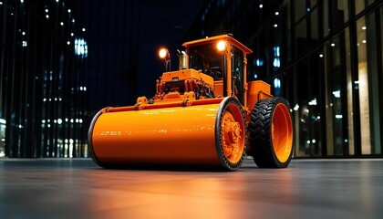 Heavy orange roller machine parked in a modern urban environment at night, highlighting construction work.