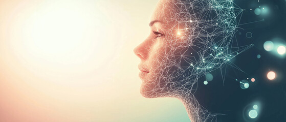 Wall Mural - futuristic digital illustration of human profile with network connections symbolizing ai, technology