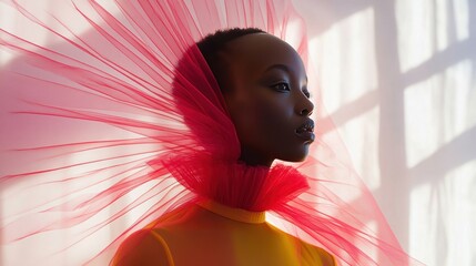 Radiant beauty portrait with striking pink ruffle accessory