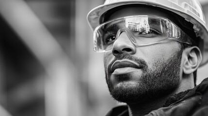 Leinwandbilder - A construction worker in safety glasses and a hard hat supervises ongoing work at a construction site in the daytime. Generative AI