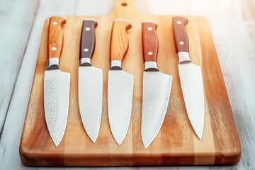 Set of steel knives with wooden handle lying on the table. Five various professional chef's knives lying on the wooden cutting board.