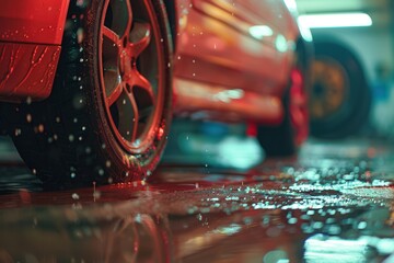Poster - A mechanic replaces a tire on a car inside a garage while rainwater reflects on the floor, indicating ongoing weather challenges. Generative AI
