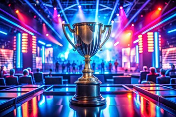 The esports winner trophy standing on the stage in the middle of the arena of the computer video game championship. Two rows of PCs for competing teams. Stylish neon lights with a cool design