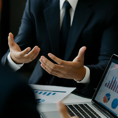 A businessman in a suit gestures with his hands during a discussion, with charts displayed on a laptop and paper.