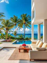 Wall Mural - Modern oceanfront terrace living room with minimalist design clean lines and expansive ocean view. Luxury stunning contemporary mansion villa, glass windows, pool, palm trees, sea view. Creative Ai