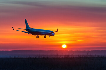 A passenger plane flies low over a field against the backdrop of a beautiful sunset or sunrise. Generated by artificial intelligence