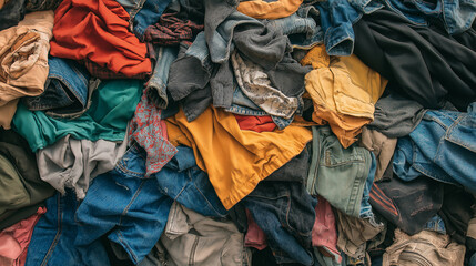 A pile of used clothing in various colors, textures, and patterns.  