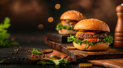 Closeup of two juicy cheeseburgers on wooden boards.