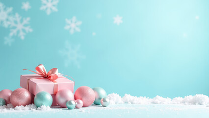 Wall Mural - A pink gift with balls lies on the left on a soft blue, pastel background with copyspace, with snowflakes and snow. The concept of gift giving for the holidays, sales and discounts.