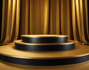 Podium gold fabric product background 3d luxury golden stage silk cloth abstract display. Fabric gold elegant premium podium platform beauty studio pedestal scene light design stand presentation black