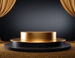 Podium gold fabric product background 3d luxury golden stage silk cloth abstract display. Fabric gold elegant premium podium platform beauty studio pedestal scene light design stand presentation black