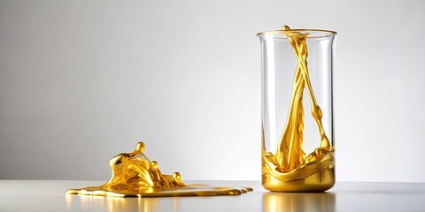 Golden slime drips from a beaker onto a white background, chemical reaction, liquid spill, dripping liquid, gooey substance, scientific equipment