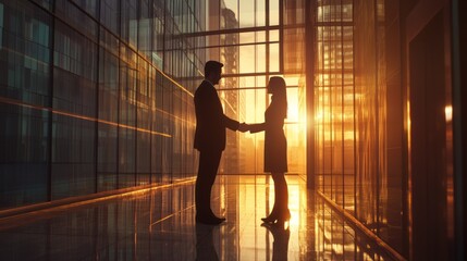 A man and a woman shake hands in a large, empty building