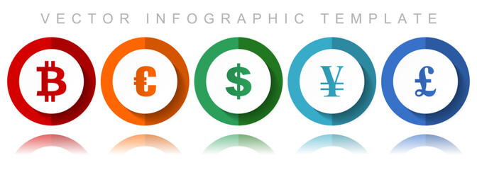 Fototapete - Currency vector icon collection, miscellaneous icons such as bitcoin, euro, dollar, yen and pound, flat design infographic template in eps 10