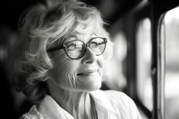 Portrait of a senior woman in a train. Black and white.