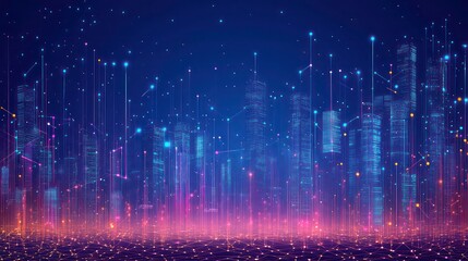 Aufkleber - Abstract glowing city skyline with neon lights, representing the digital age and technology.