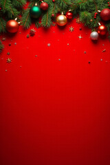 fir branches decorate festive red christmas background ornaments
