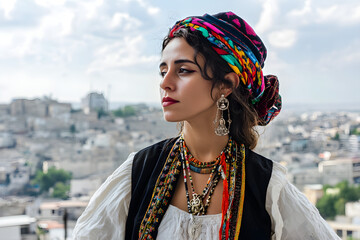 A romani woman wearing vibrant traditional clothing and accessories looks confidently into the distance against a city backdrop