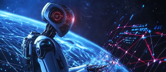 Wall Mural - Futuristic AI robot analyzing holographic data points in space