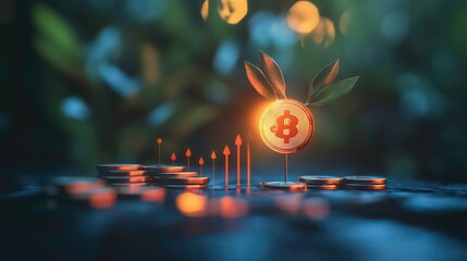 Poster - A glowing Bitcoin coin with two green leaves growing from it, standing on a pile of coins.